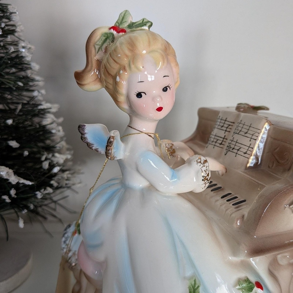 Rare Vintage Josef Originals Christmas Angel Girl Playing Piano Music Box Japan - Picture 6 of 7